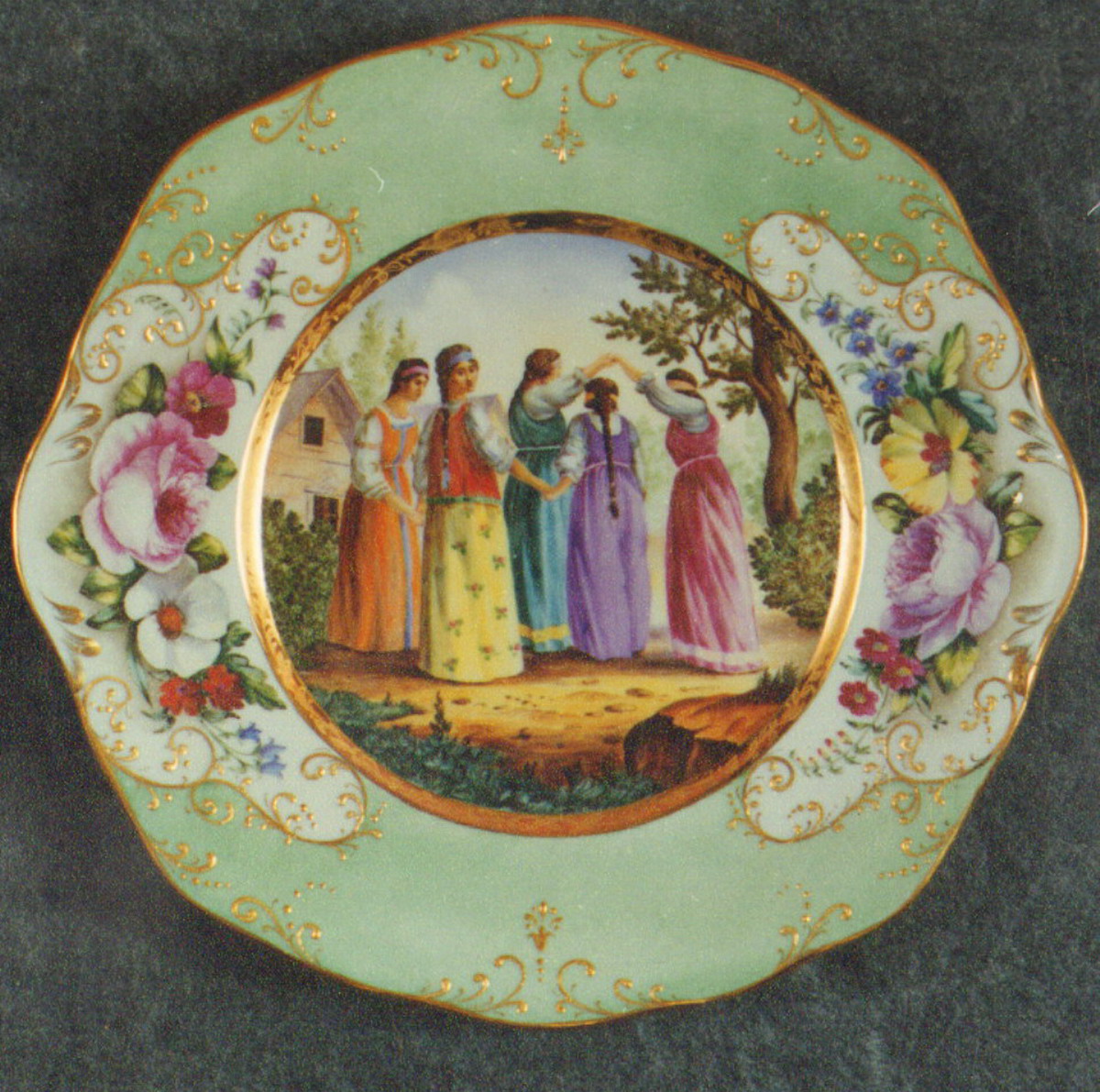 Wall Plate. Young Ladies Playing. Over Glasour Painting on Porcelain. D 27 cm